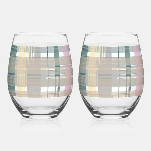 Smart Looking Coastal Plaid Style Print Stemless Wine Glass (Front)