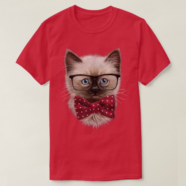 Smart Looking Siamese Cat, Nerd Eyeglass, Bow Tie T-Shirt (Design Front)