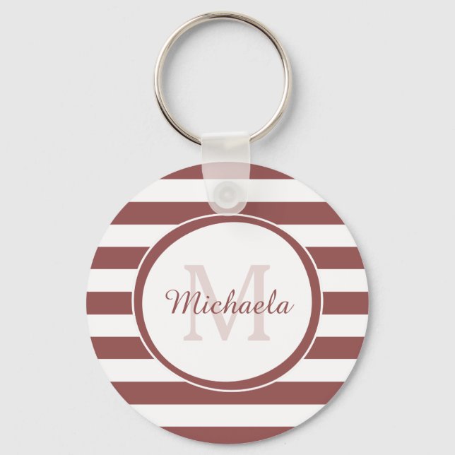 Smart Marsala Red Monogram Even Stripes and Name Key Ring (Front)