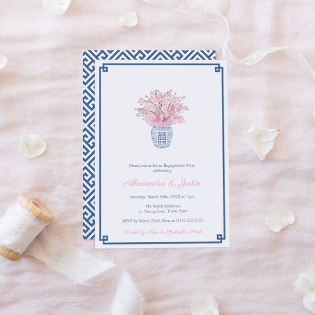 Smart Navy Blue & Pink Ginger Jar Engagement Party Invitation (Chinoiserie Chic Navy Blue And Pink Greek Key Pink Flowers Engagement Party Invitation)