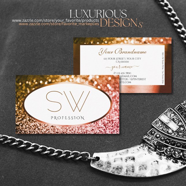 Smart Orange Pink Ombre Glitter White and Monogram Business Card (Creator Uploaded)