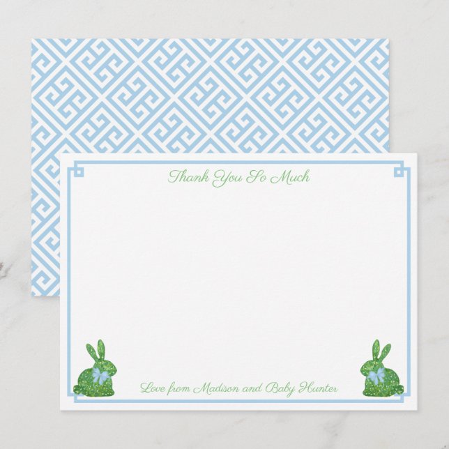 Smart Pale Blue Boxwood Bunny Boy Baby Shower  Thank You Card (Front/Back)