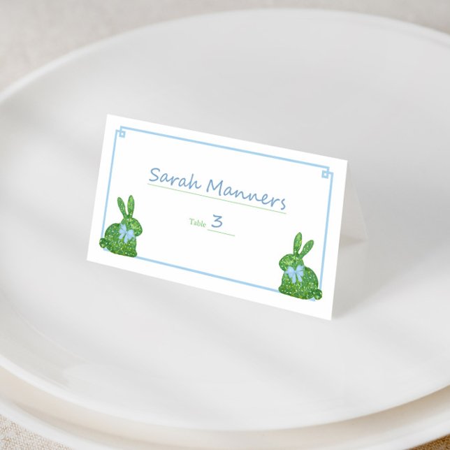 Smart Pale Blue Green Boxwood Bunny Spring Brunch Place Card (Preppy baby boy shower place cards with boxwood topiary bunny and pale blue Greek Key)