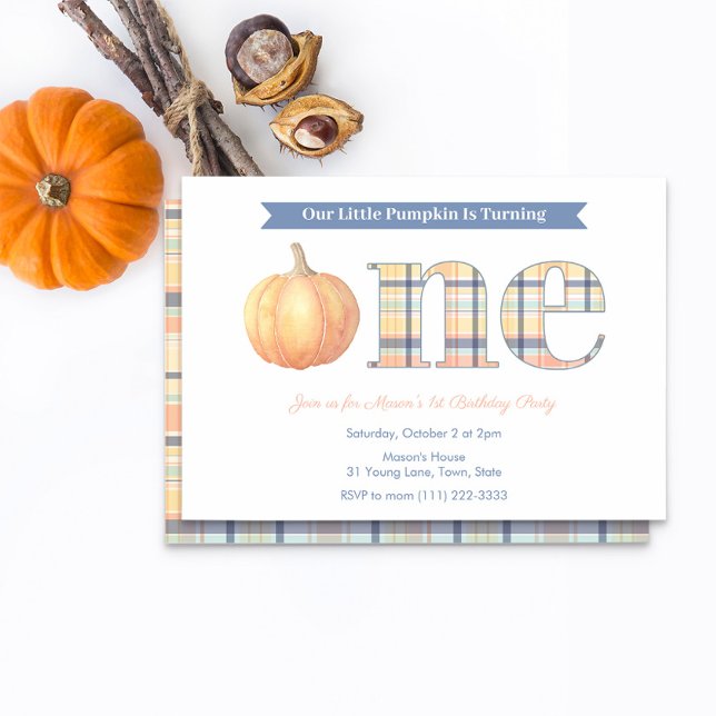 Smart Pumpkin Madras Plaid Boy 1st Birthday Party Invitation (Preppy chic country plaid 1st birthday invitation for boy with autumn pumpkin theme)