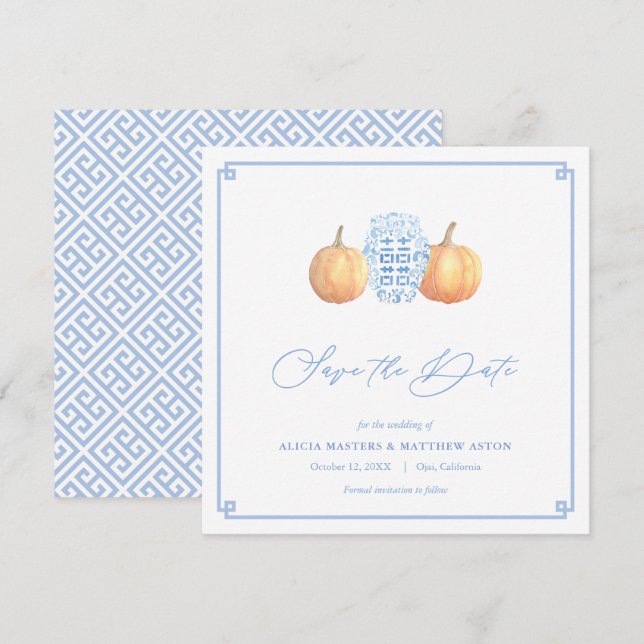 Smart Pumpkins Chinoiserie  Blue And White Wedding Save The Date (Front/Back)