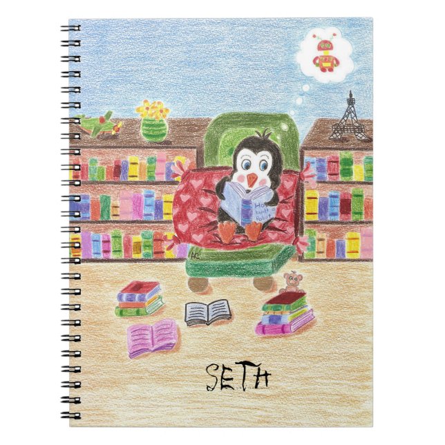 Smart reading penguin personalised kid notebook (Front)