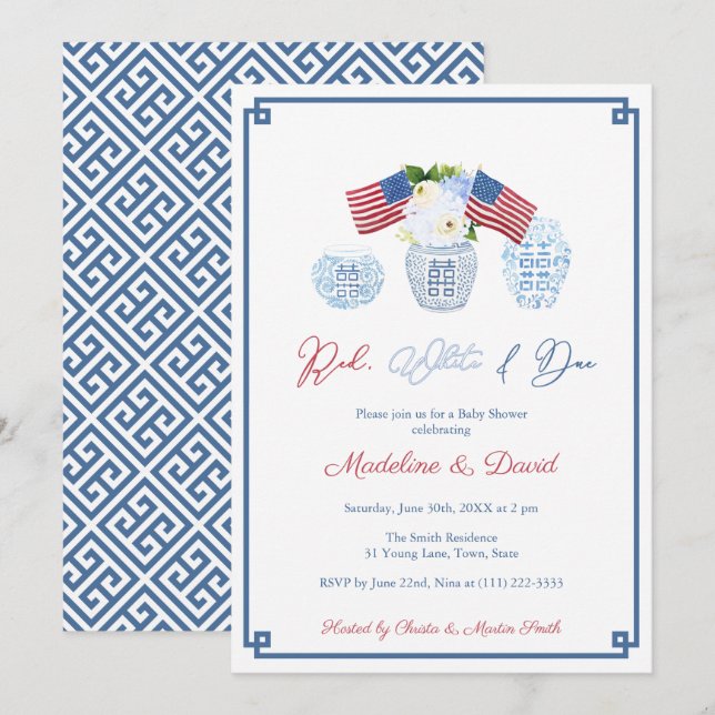 Smart Red White Due Chinoiserie Baby Shower Party Invitation (Front/Back)