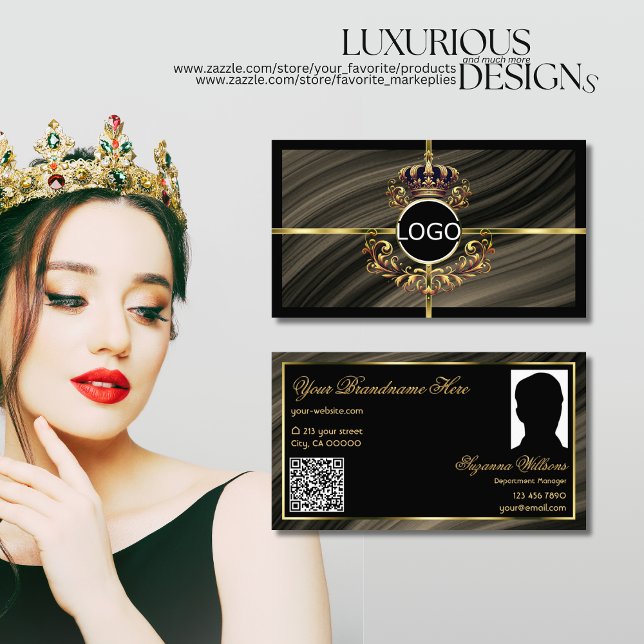  Smart Royal Brown Gold Crown Logo Photo QR Code Business Card (Creator Uploaded)