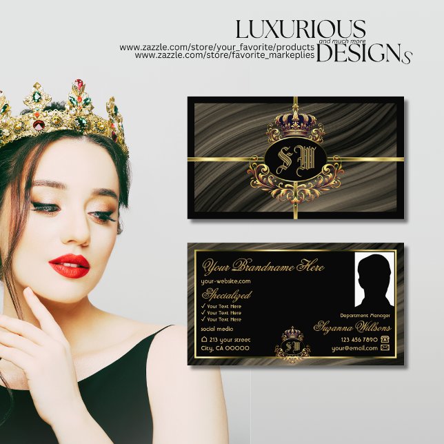  Smart Royal Brown Gold Crown with Monogram Photo Business Card (Creator Uploaded)