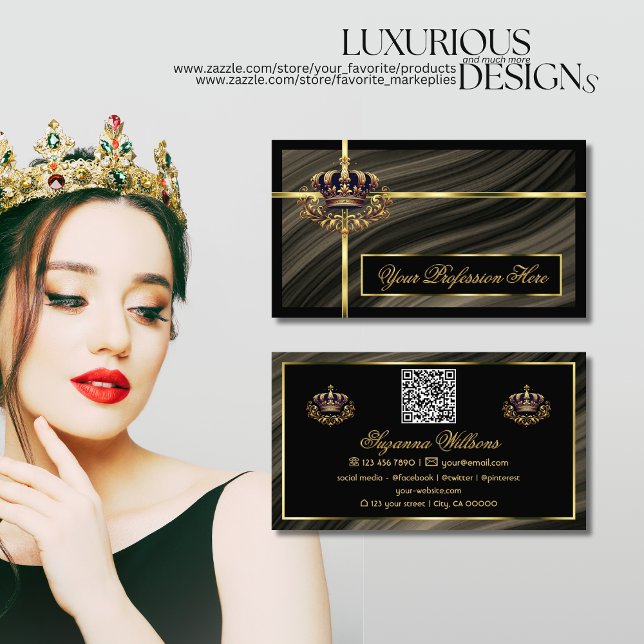  Smart Royal Brown Gold Crown with QR Code Noble Business Card (Creator Uploaded)