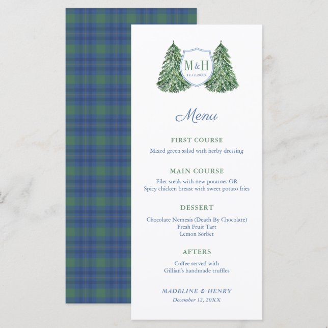 Smart Tartan Winter Wedding Engagement Party Menu (Front/Back)