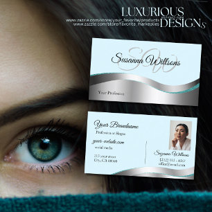 Smart Teal Wavy Silver Decor with Initials Photo Business Card