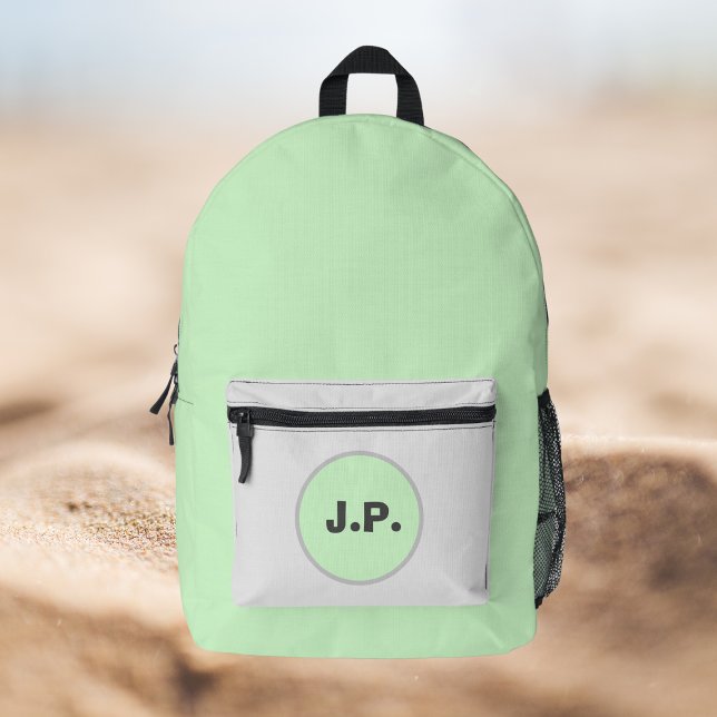 Smart unisex mint and grey personalized printed backpack (Cool unisex monogrammed mint and grey backpack. Ideal for heading to the beach, work or school.)