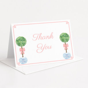 Smart Watercolor Boxwood Pink Bow Girl Baby Shower Thank You Card