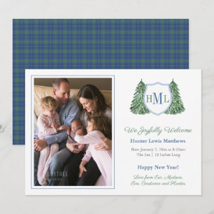 Smart Winter Blue Green Photo Baby Boy Birth  Announcement