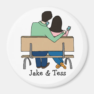 Smartphone-loving couple- custom cartoon magnet