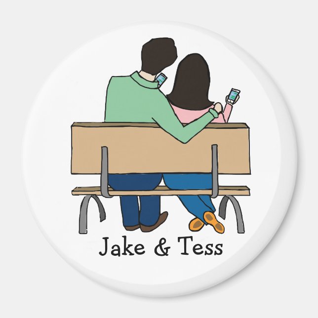 Smartphone-loving couple- custom cartoon magnet (Front)