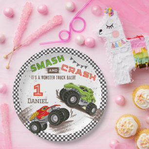 Smash and Crash Monster Truck 1st Birthday Party Paper Plate