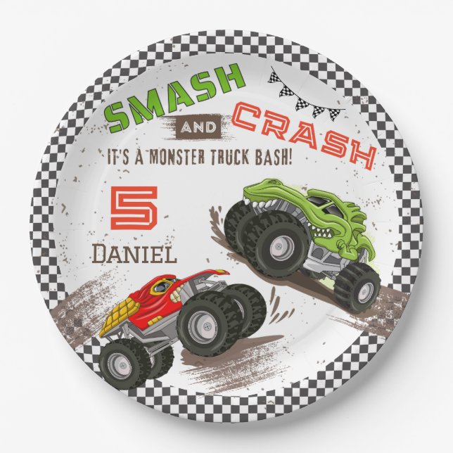 Smash and Crash Monster Truck 5th Birthday Party Paper Plate (Front)