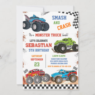 Smash & Crash It's Monster Truck Bash Boy Birthday Invitation