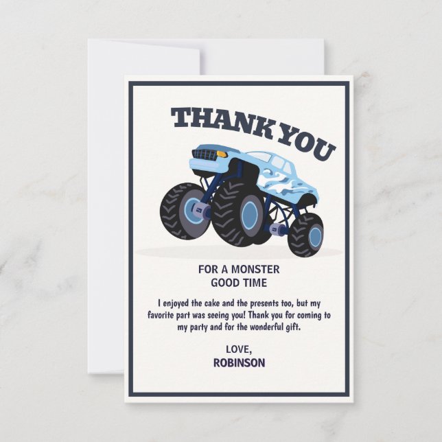 Smash Crash- Modern Blue Monster Truck Birthday Thank You Card (Front)