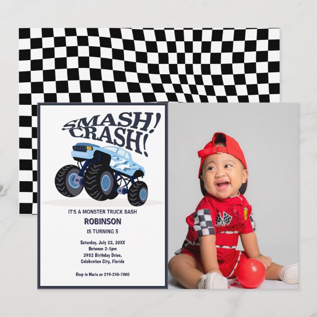 Smash Crash- Modern Blue Monster Truck Photo Invitation (Front/Back)