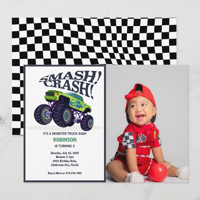 Smash Crash- Modern Green Monster Truck Photo Invitation (Front/Back)