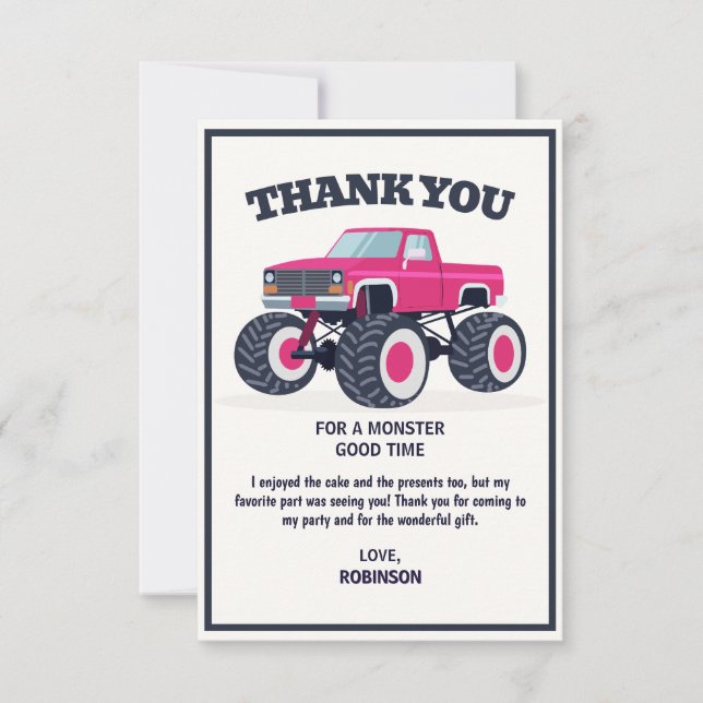 Smash Crash- Modern Pink Monster Truck Birthday Thank You Card (Front)