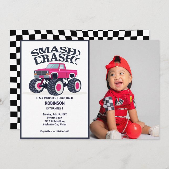 Smash Crash- Modern Pink Monster Truck Photo Invitation (Front/Back)