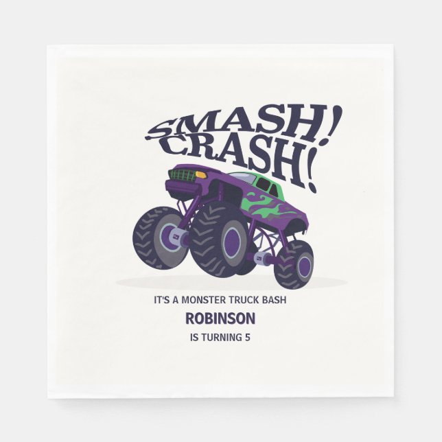 Smash Crash- Modern Purple Monster Truck Birthday  Napkin (Front)