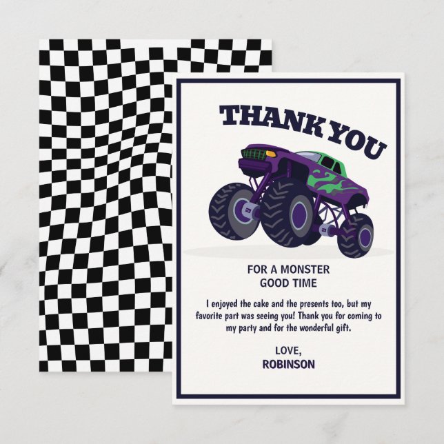 Smash Crash- Modern Purple Monster Truck Birthday  Thank You Card (Front/Back)