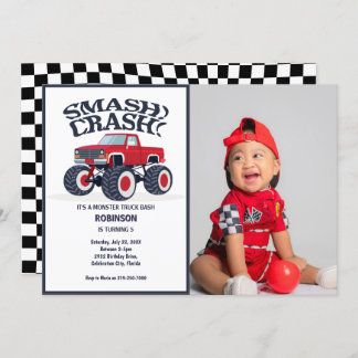 Smash Crash- Modern Red Monster Truck Photo Invitation