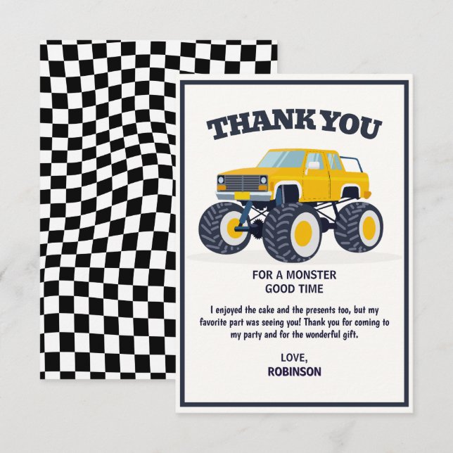 Smash Crash- Modern Yellow Monster Truck Birthday Thank You Card (Front/Back)