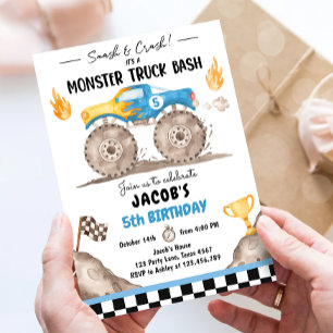 Smash Crash Monster Truck Bash Blue Boy Birthday Invitation