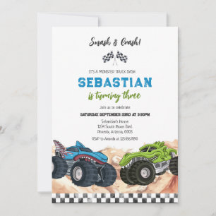 Smash & Crash Monster Truck Kids Birthday Invitation
