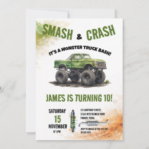 Smash & Crash Monster Truck Watercolor Birthday Invitation
