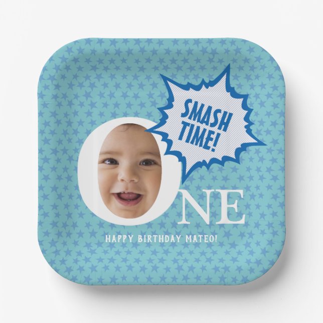 SMASH! Fun Baby boy Photo Collage Personalised  Paper Plate (Front)