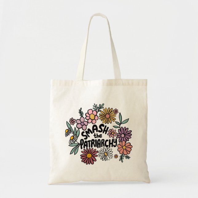 SMASH the PATRIARCHY Floral Cute Daisy Hand-Drawn Tote Bag (Front)
