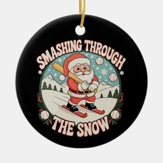 Smashing Through The Snow Baseball Santa Christmas Ceramic Tree Decoration (Front)
