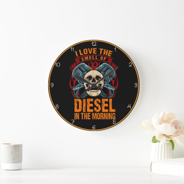 Smell of Diesel" Skull Piston Large Clock (Home)