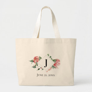 Smell the Roses, Monogram, Wedding Date Large Tote Bag