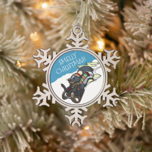 Smelly Christmas! Skunk On A Sled Xmas Cartoon Snowflake Pewter Christmas Ornament