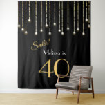 Smile 40th Birthday Black Gold Photo Backdrop Tapestry<br><div class="desc">Use this fun custom tapestry as a backdrop for your birthday bash "photo booth"! Catch your friends with a smile and a pose at her birthday party with this elegant and glamourous black and gold design featuring string lights, black and gold, and classic retro typography. Easy to personalise with her...</div>