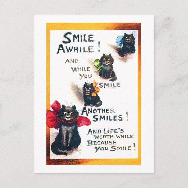 Smile Awhile, Black Cat, Louis Wain Postcard (Front)