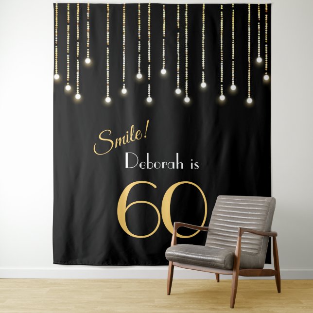 Smile Birthday Black Gold Photo Booth Backdrop Tapestry (In Situ)