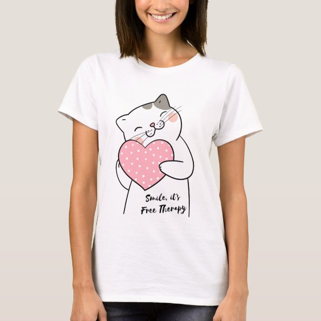 Smile Cute Kawaii Cat Holding Pink Heart T-Shirt (Front)