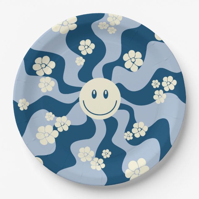 Smile - Dark Blue, Light Blue and Cream Paper Plate (Front)