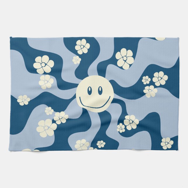 Smile - Dark Blue, Light Blue and Cream Tea Towel (Horizontal)