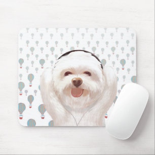 Smile Dog listening to music with Headphone Mouse Mat