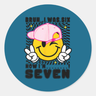 Smile face 7th birthday was 6 7 checkered bruh classic round sticker